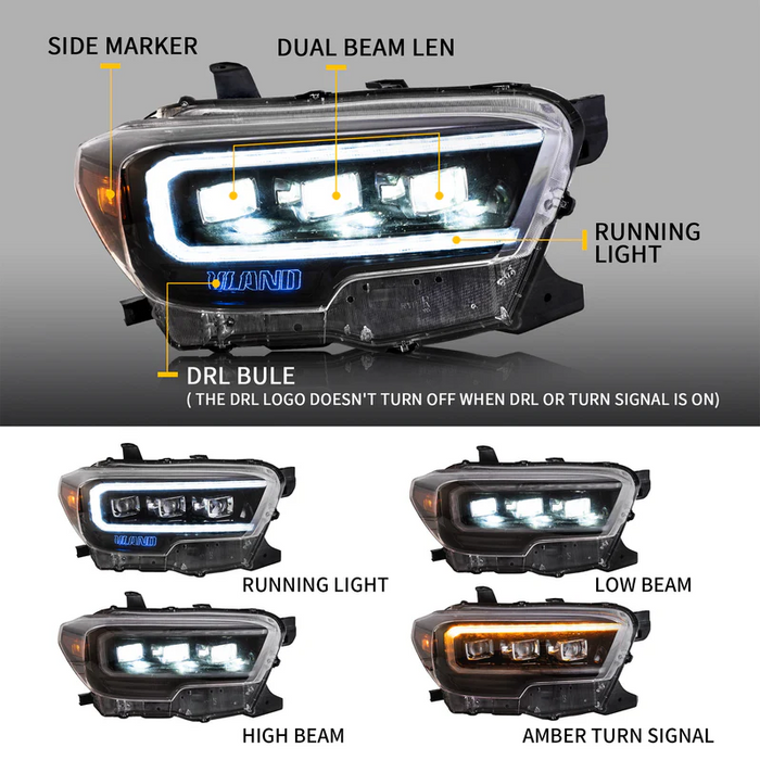 VLAND LED Matrix Projector Headlights For Toyota Tacoma N300 2015-2023