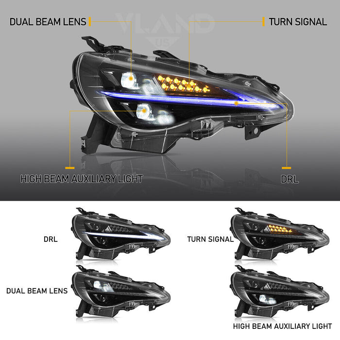 VLAND LED Projector Headlights for 2013-2016 Scion FR-S 2017-2020 Toyota 86 2013-2020 Subaru BRZ Smoked Dynamic w/Start-up Animation